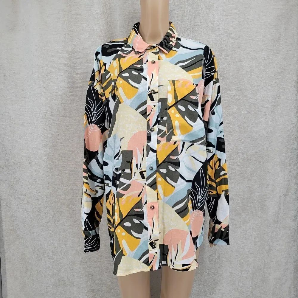 Calia Oversized Long Sleeve Button Down Palm Multi Rayon Linen TropicalâNEW
